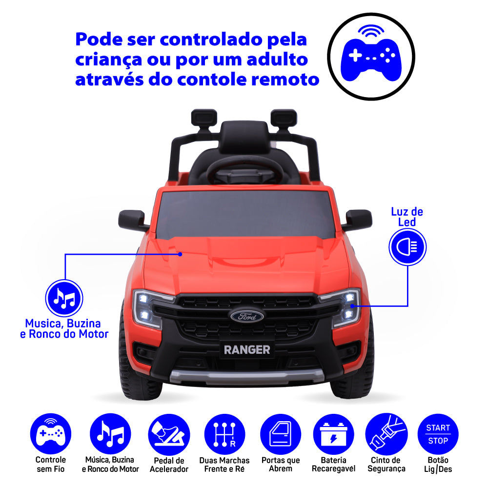Carro Elétrico Infantil Ford Ranger Vermelho 12v Com Controle Remoto Luz de Led e Volante com Sons de Corrida Zippy Toys