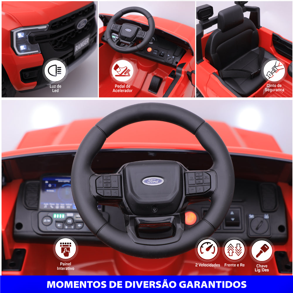 Carro Elétrico Infantil Ford Ranger Vermelho 12v Com Controle Remoto Luz de Led e Volante com Sons de Corrida Zippy Toys