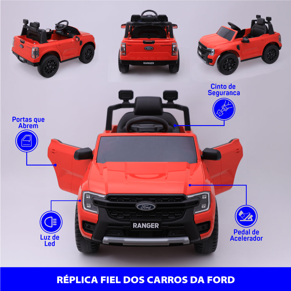 Carro Elétrico Infantil Ford Ranger Vermelho 12v Com Controle Remoto Luz de Led e Volante com Sons de Corrida Zippy Toys