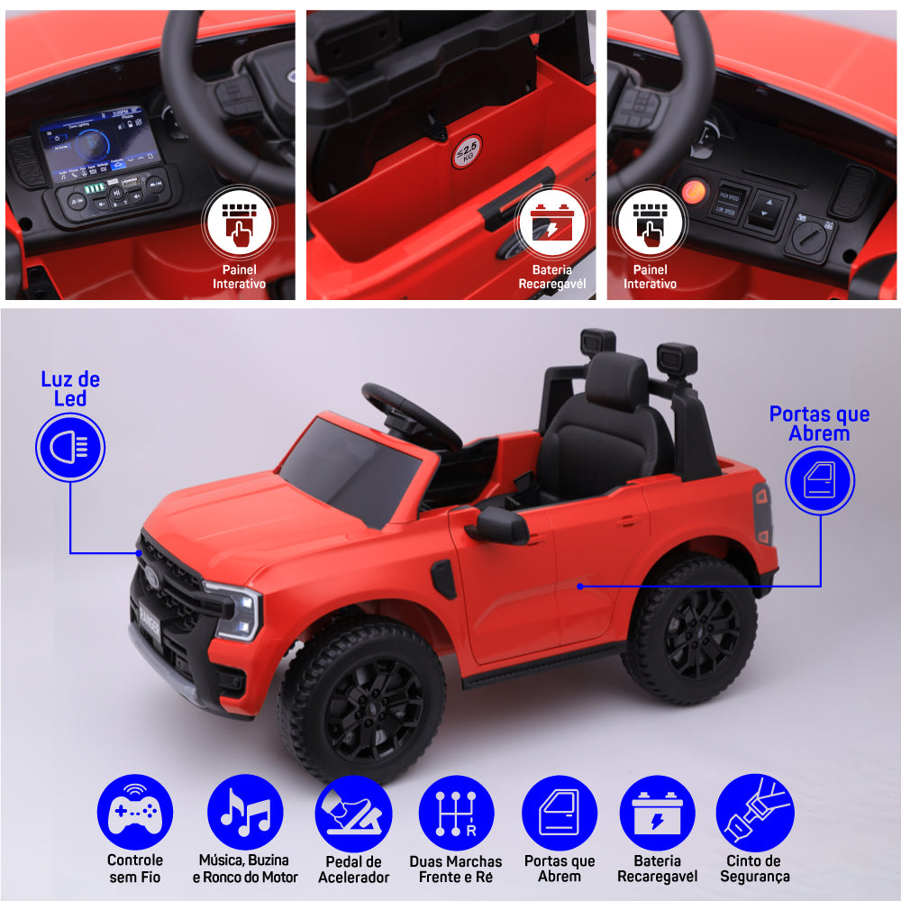 Carro Elétrico Infantil Ford Ranger Vermelho 12v Com Controle Remoto Luz de Led e Volante com Sons de Corrida Zippy Toys