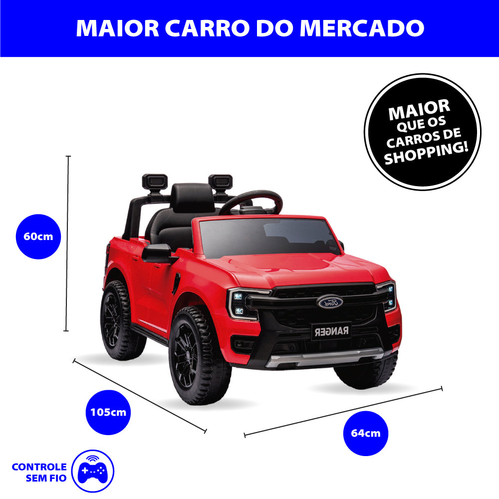 Carro Elétrico Infantil Ford Ranger Vermelho 12v Com Controle Remoto Luz de Led e Volante com Sons de Corrida Zippy Toys