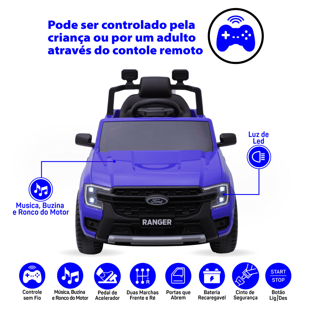 Carro Elétrico Infantil Ford Ranger Azul 12v Com Controle Remoto Luz de Led e Volante com Sons de Corrida Zippy Toys