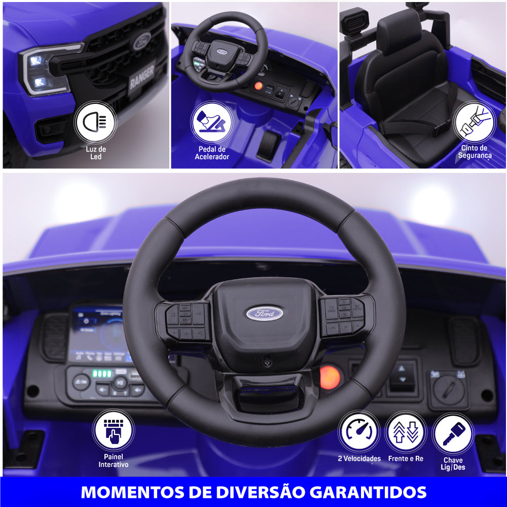 Carro Elétrico Infantil Ford Ranger Azul 12v Com Controle Remoto Luz de Led e Volante com Sons de Corrida Zippy Toys