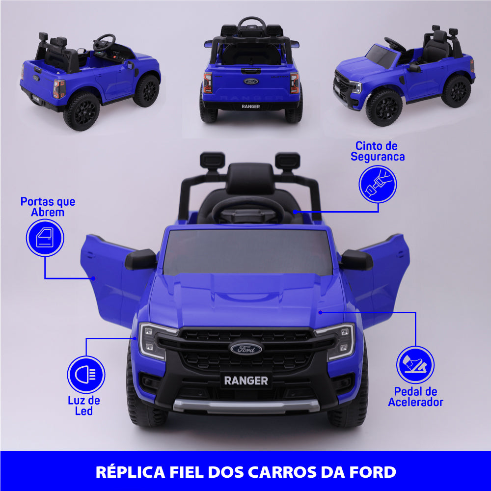 Carro Elétrico Infantil Ford Ranger Azul 12v Com Controle Remoto Luz de Led e Volante com Sons de Corrida Zippy Toys