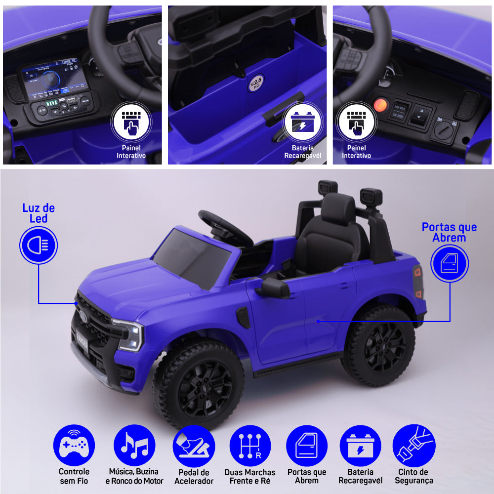 Carro Elétrico Infantil Ford Ranger Azul 12v Com Controle Remoto Luz de Led e Volante com Sons de Corrida Zippy Toys