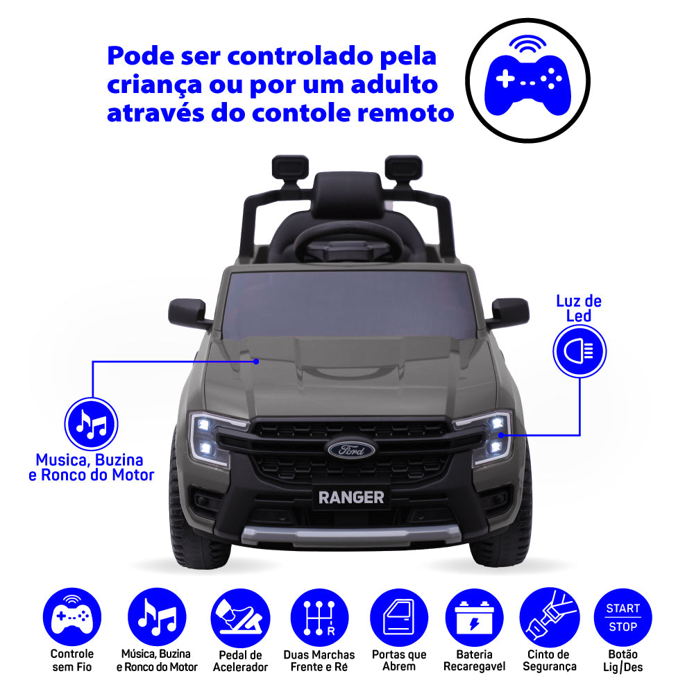 Carro Elétrico Infantil Ford Ranger Cinza 12v Com Controle Remoto Luz de Led e Volante com Sons de Corrida Zippy Toys