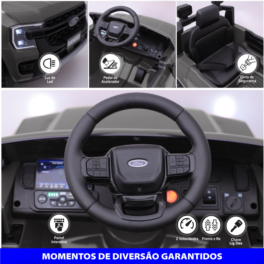 Carro Elétrico Infantil Ford Ranger Cinza 12v Com Controle Remoto Luz de Led e Volante com Sons de Corrida Zippy Toys