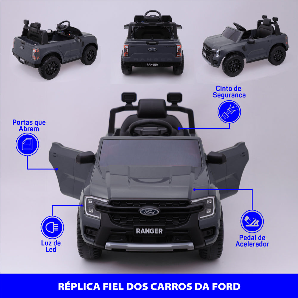 Carro Elétrico Infantil Ford Ranger Cinza 12v Com Controle Remoto Luz de Led e Volante com Sons de Corrida Zippy Toys