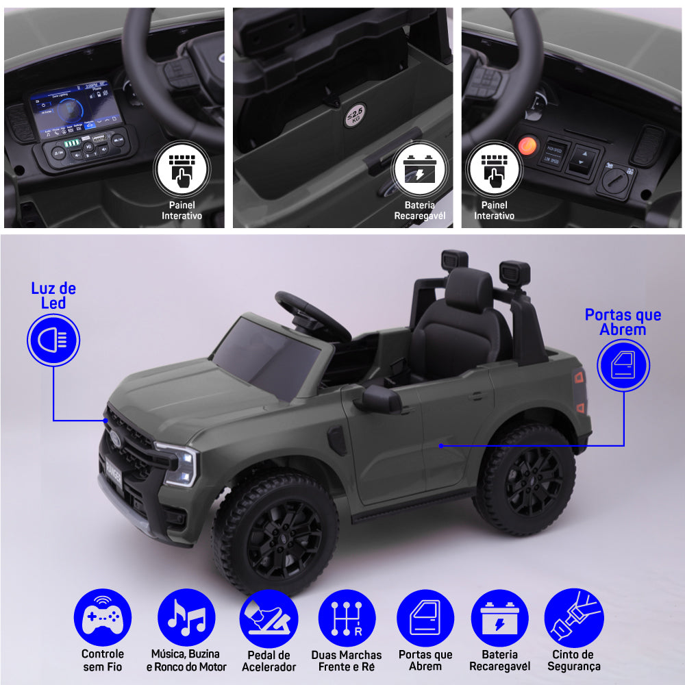 Carro Elétrico Infantil Ford Ranger Cinza 12v Com Controle Remoto Luz de Led e Volante com Sons de Corrida Zippy Toys