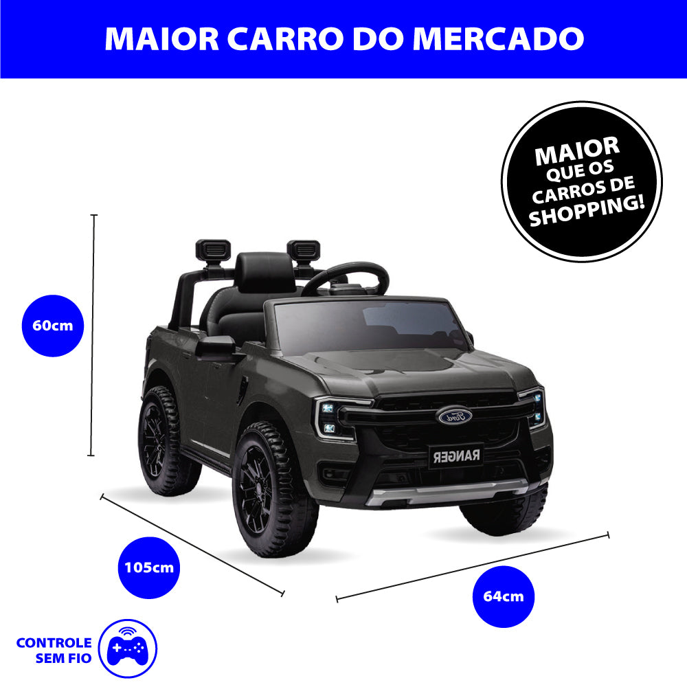Carro Elétrico Infantil Ford Ranger Cinza 12v Com Controle Remoto Luz de Led e Volante com Sons de Corrida Zippy Toys