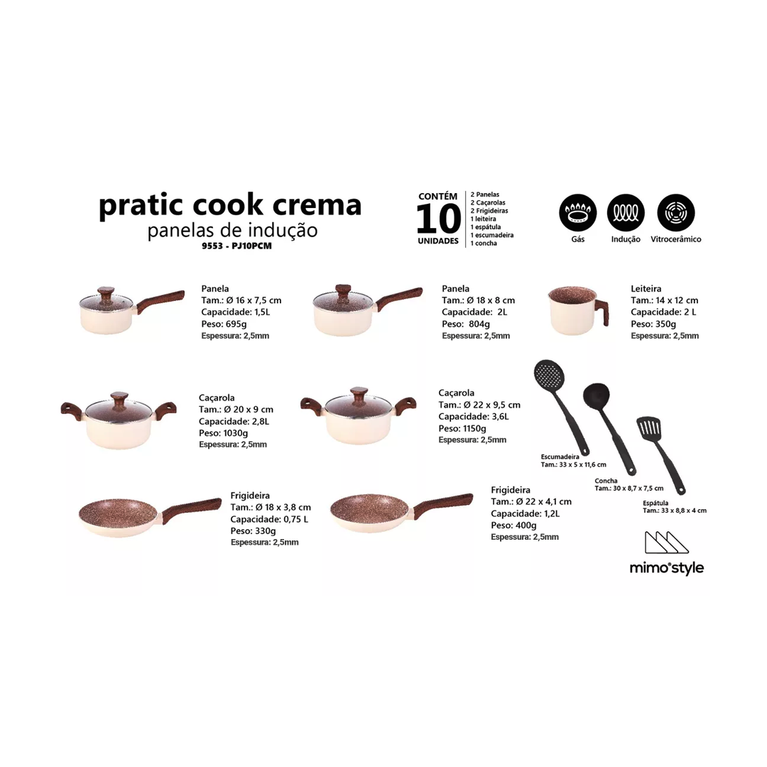Jogo de Panelas 10 Pçs Indução Creme Revestimento Cerâmico