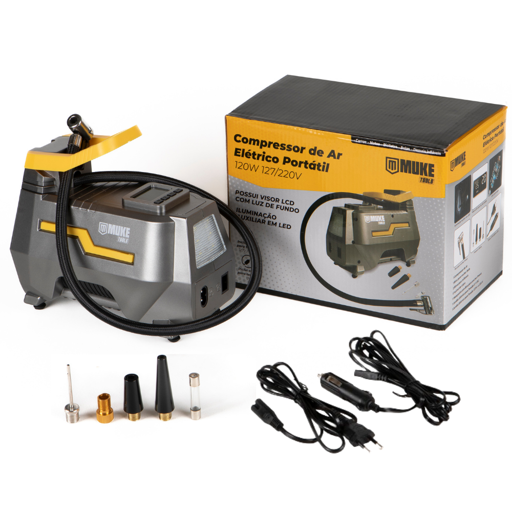 Mini Compressor de Ar Elétrico Portátil Bivolt 110/220V e 12V Muke Tools 120W 150 PSI Para Carro e Casa