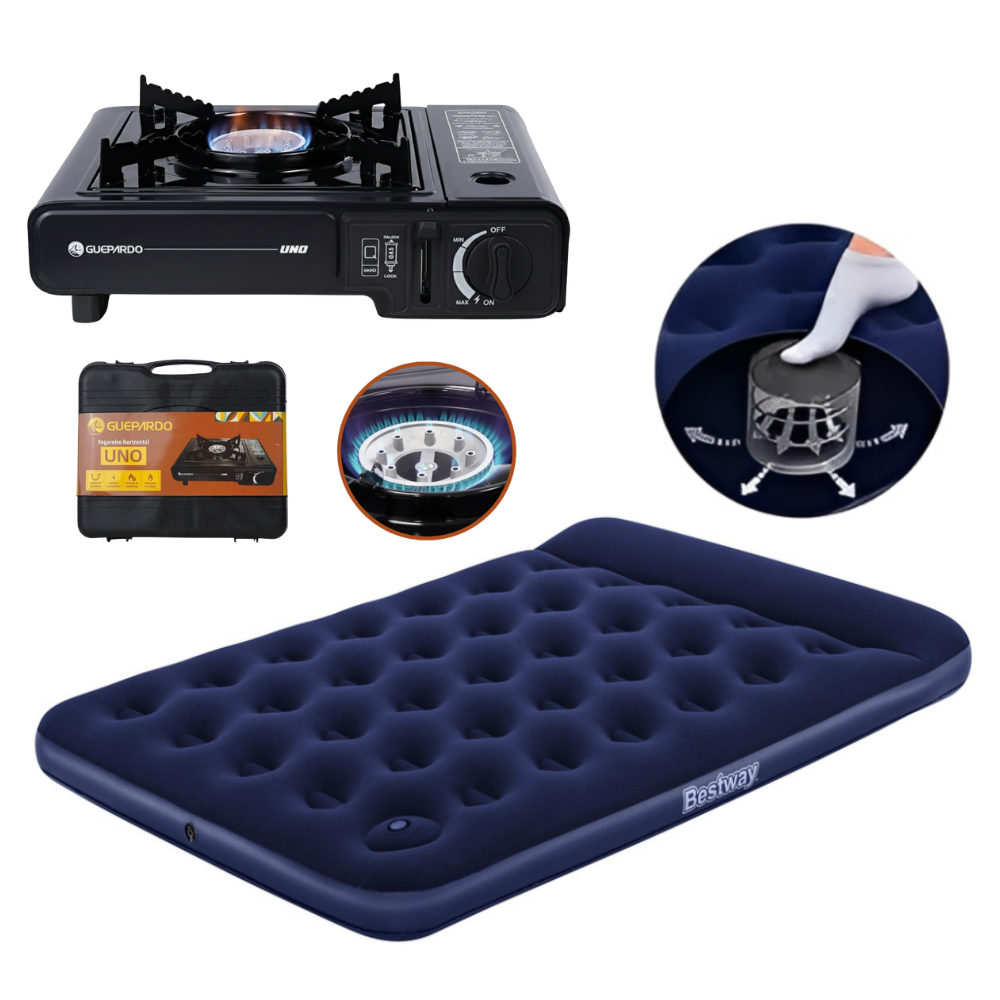 Kit Maxi Camping Colchão Casal Bomba Embutida Com Fogareiro a Gás Nautika