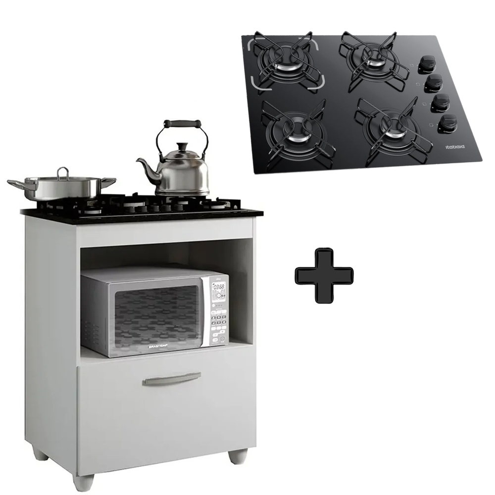 KIT BALCÃO SALVIA MAIS FOGÃO COOKTOP 4 BOCAS PRETO ITATIAIA