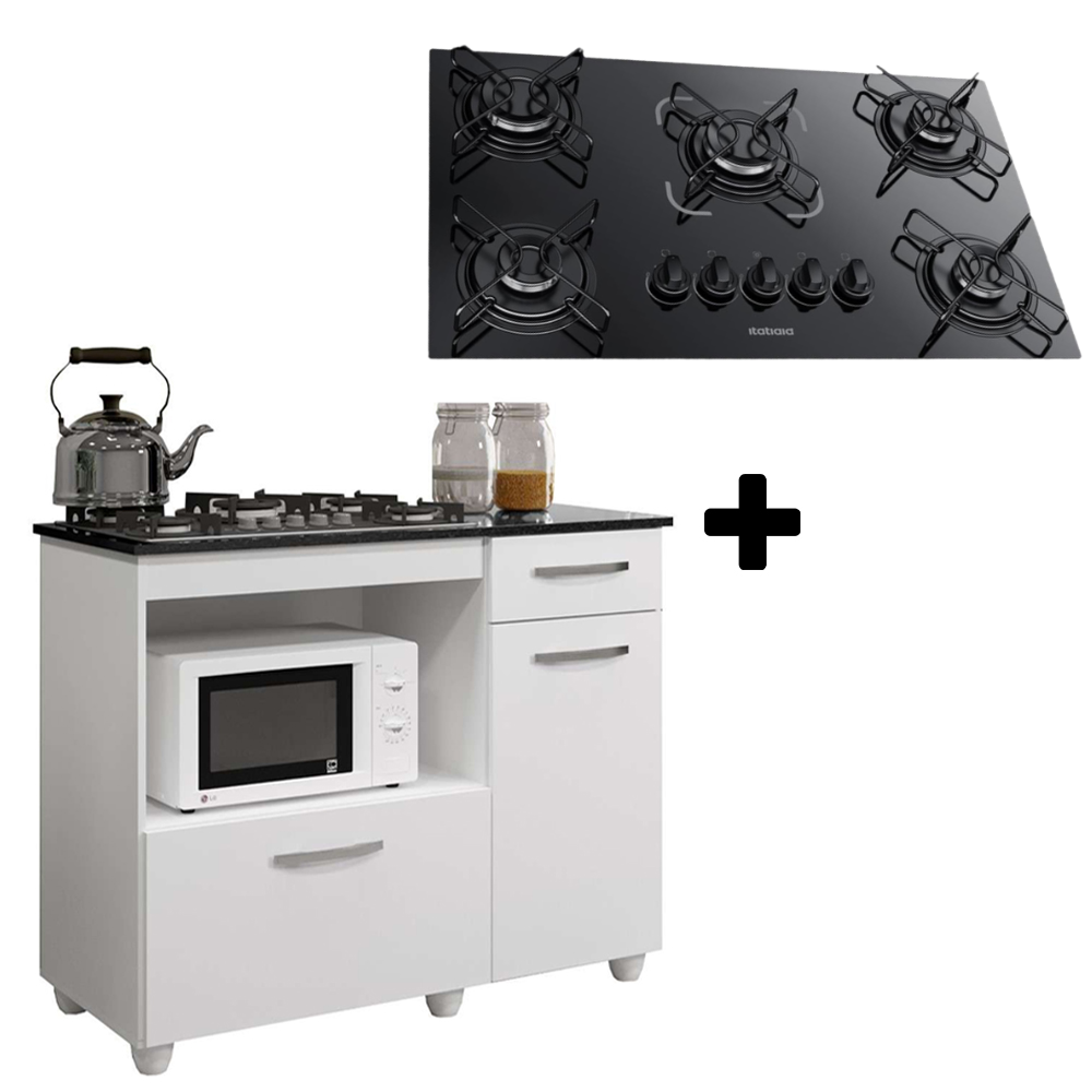 Kit Balcão Cooktop 2 Porta Basculante Violeta Branco com Fogão Cooktop 5 Bocas