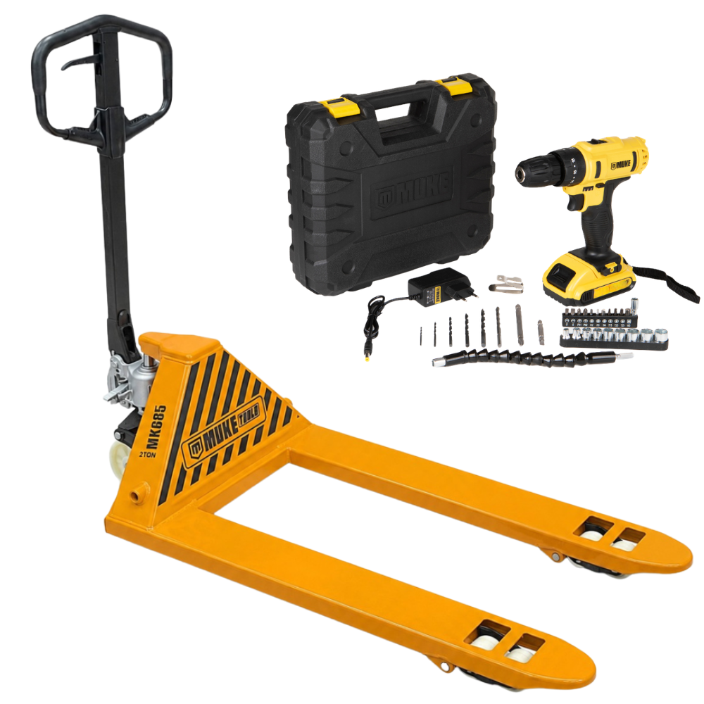 Paleteira Manual Transpallet Hidráulica 2000kg Roda Dupla Garfo 680mm Muke Tools com Parafusadeira