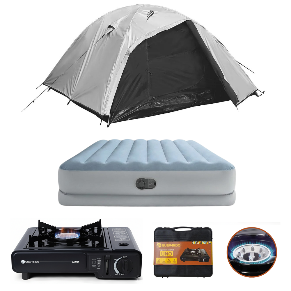 Kit Camping Maxi Premium Barraca 6 Pessoas Onix Blackout Colchão Casal Bomba Embutia Usb e Fogareiro