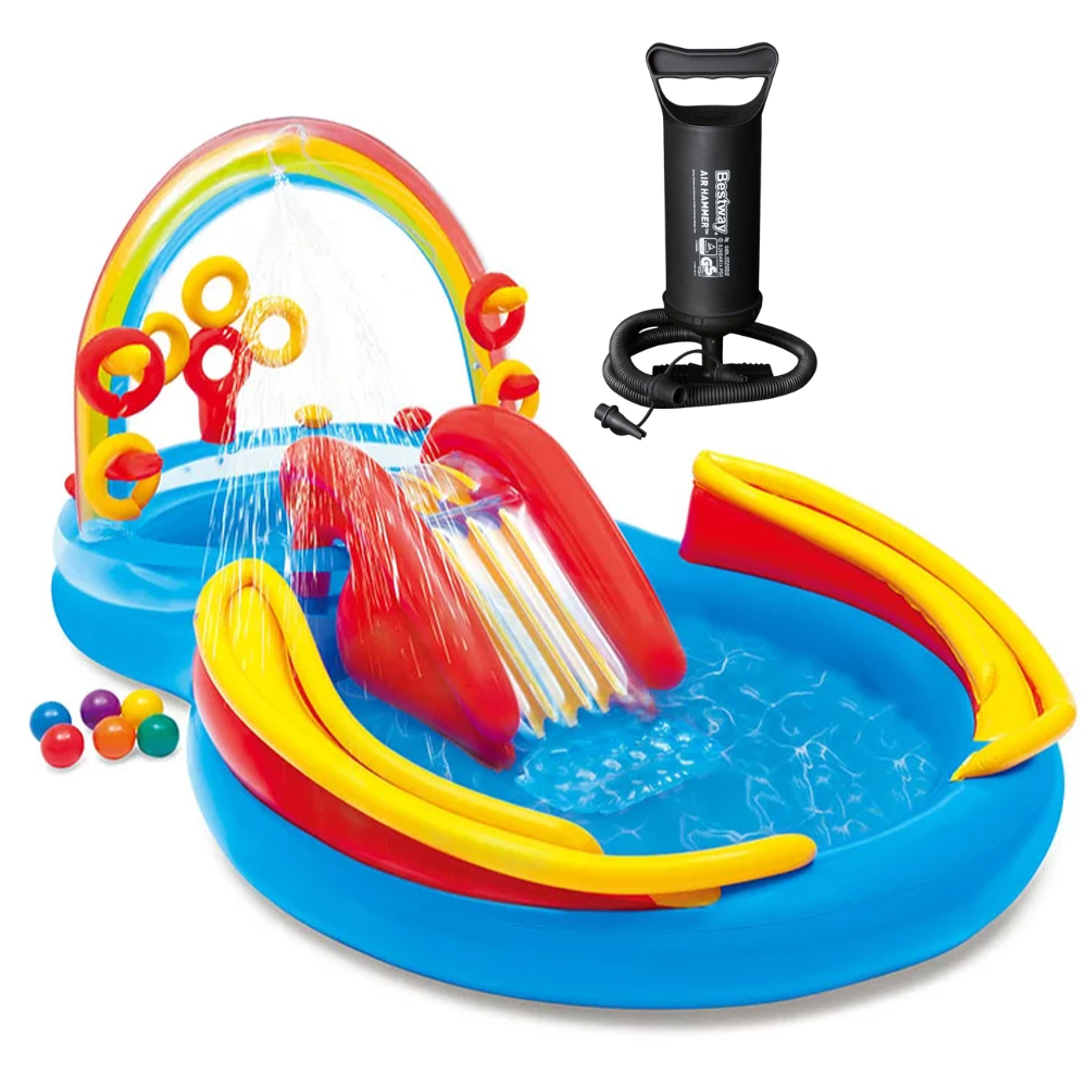 Kit Piscina Playground Arco-Íris 227 Litros Com Tobogã Com Bomba Manual Intex