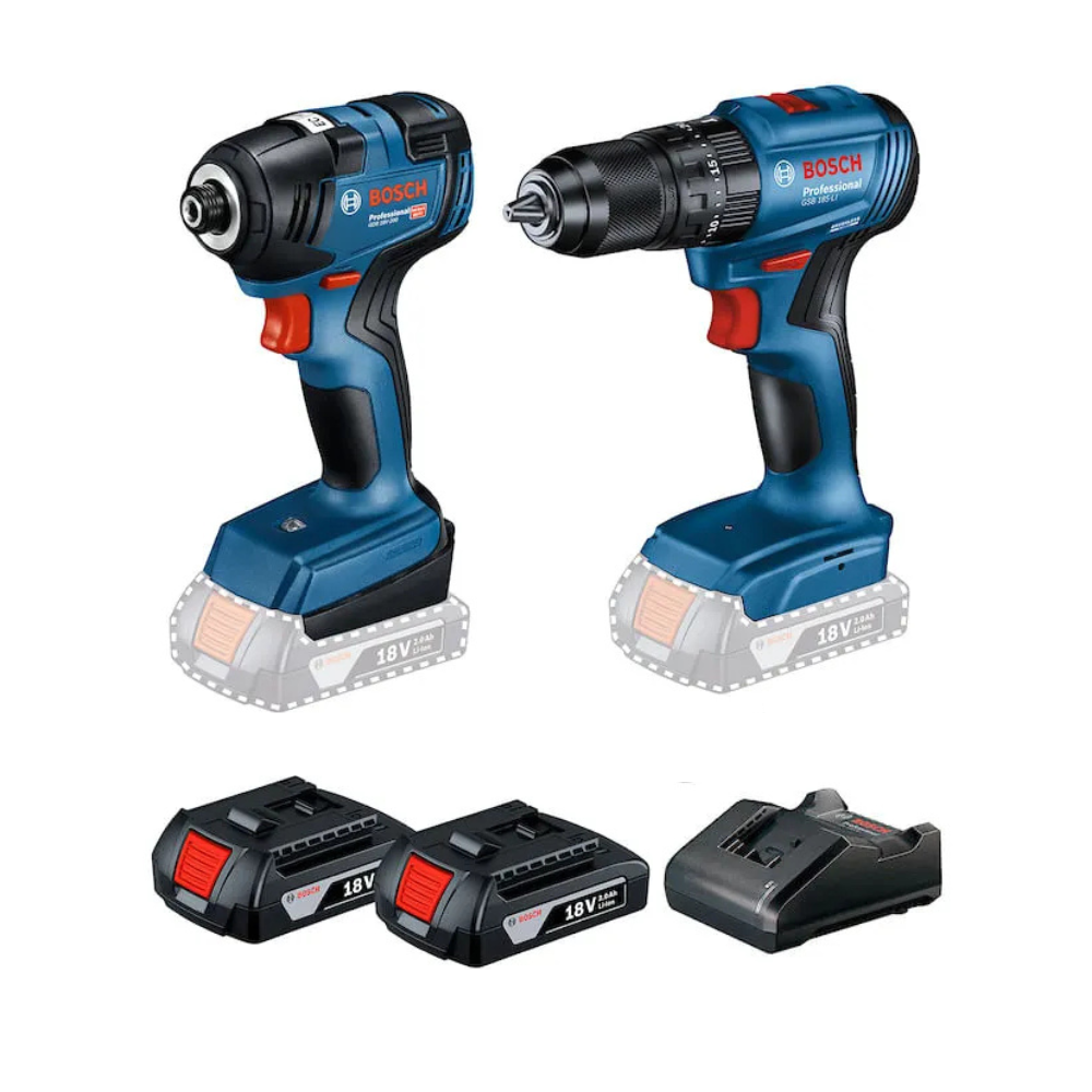Combo Bosch Furadeira de Impacto GSB 185-LI com Chave de Impacto GDR 18V-200 e 2 Baterias