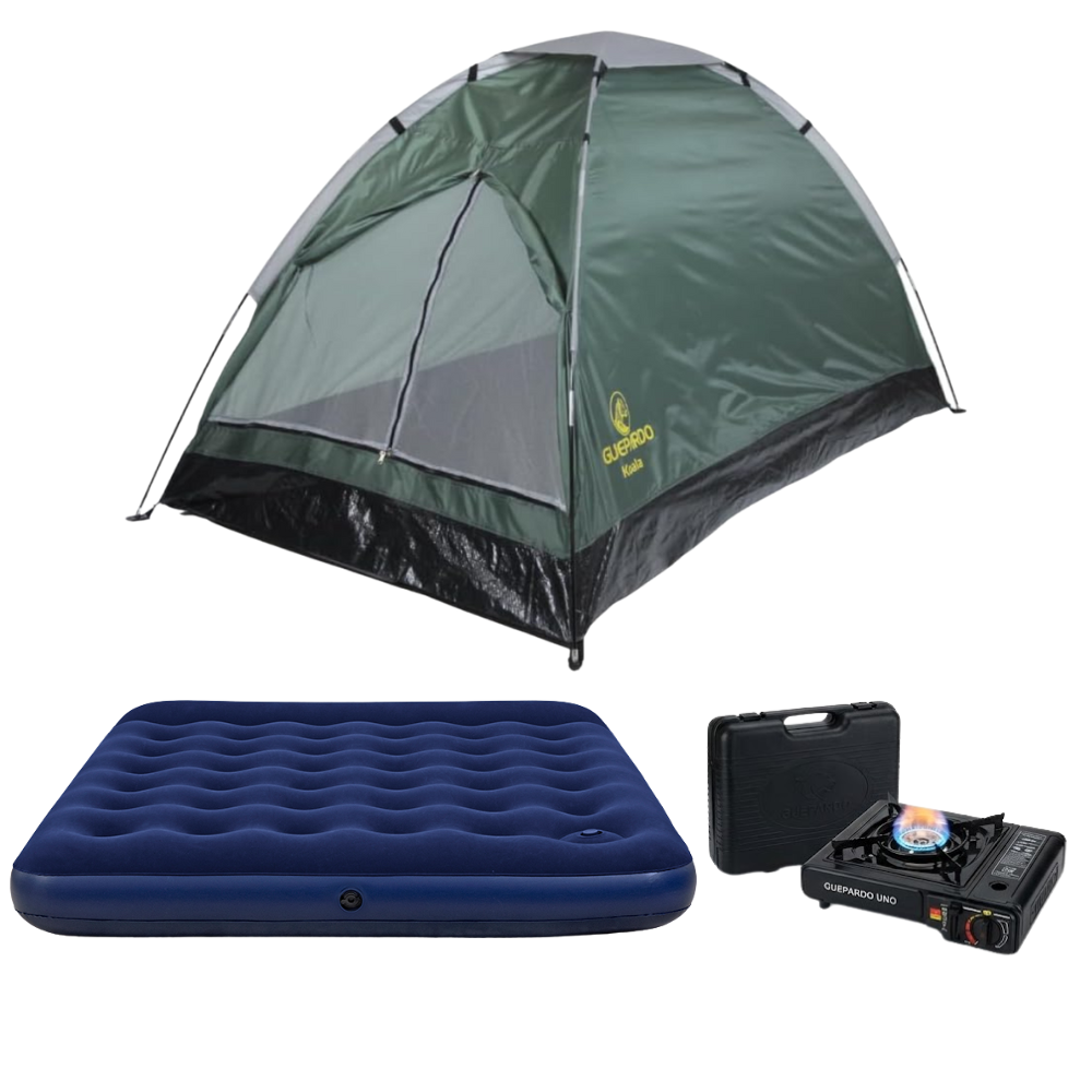 Kit Camping Maxi Com Barraca 3 Pessoas Koala, Colchão Casal Bomba Embutida e Fogareiro Nautika
