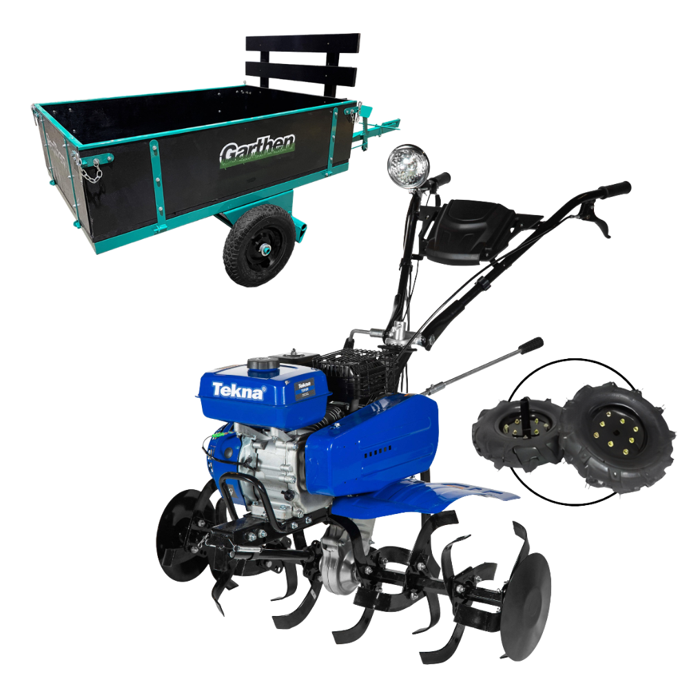 Kit Motocultivador Tekna TK90R 7HP Gasolina com Carretinha GCM-250 250kg