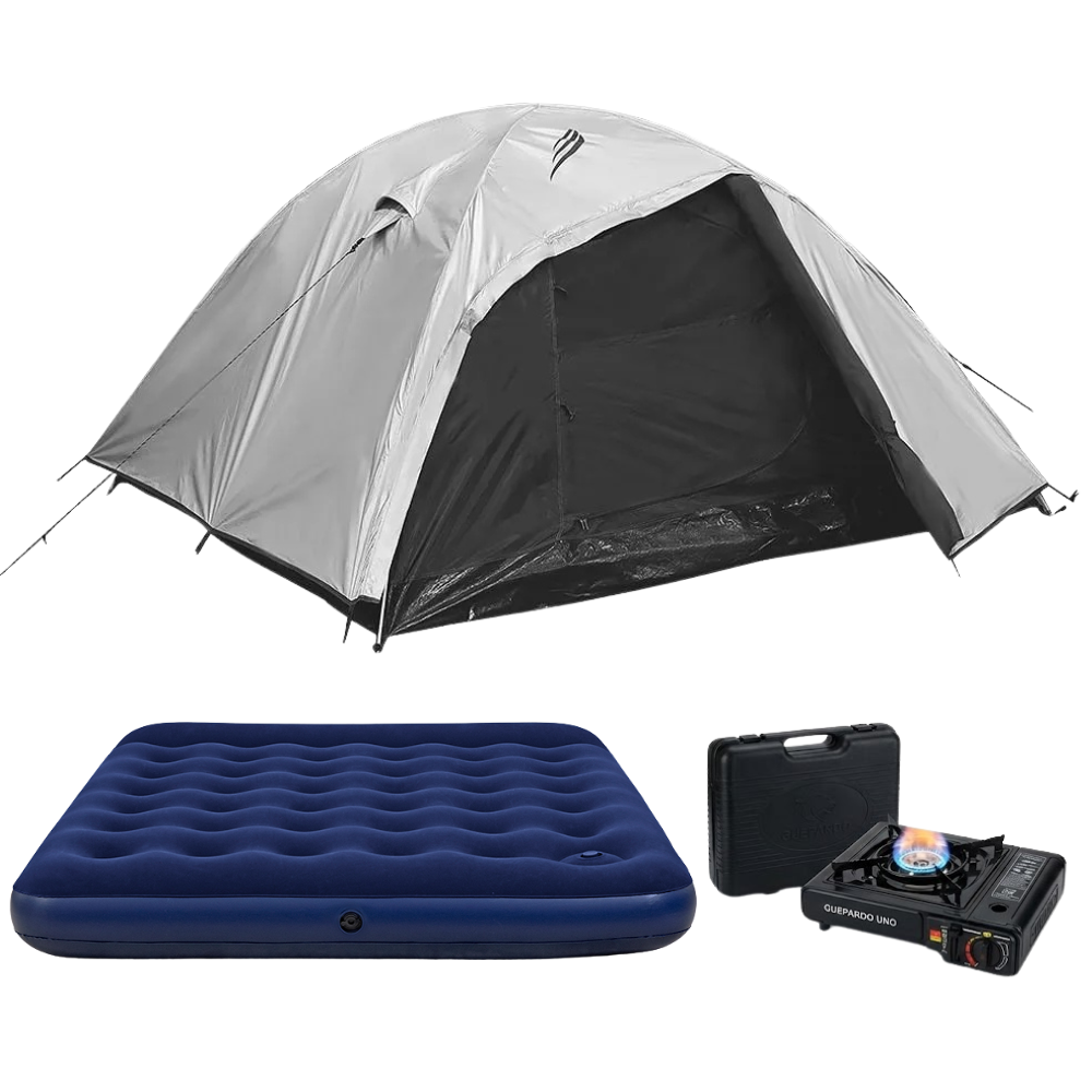 Kit Camping Maxi Com Barraca 6 Pessoas Onix Blackout, Colchão Casal Bomba Embutida e Fogareiro Nautika