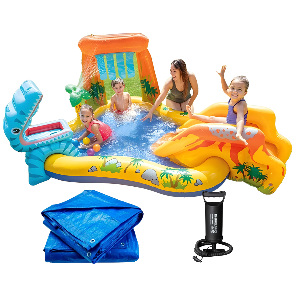 Kit Piscina Playground Dinossauro Intex 310 Litros com Bomba Manual e Forro de Proteção 3x2m