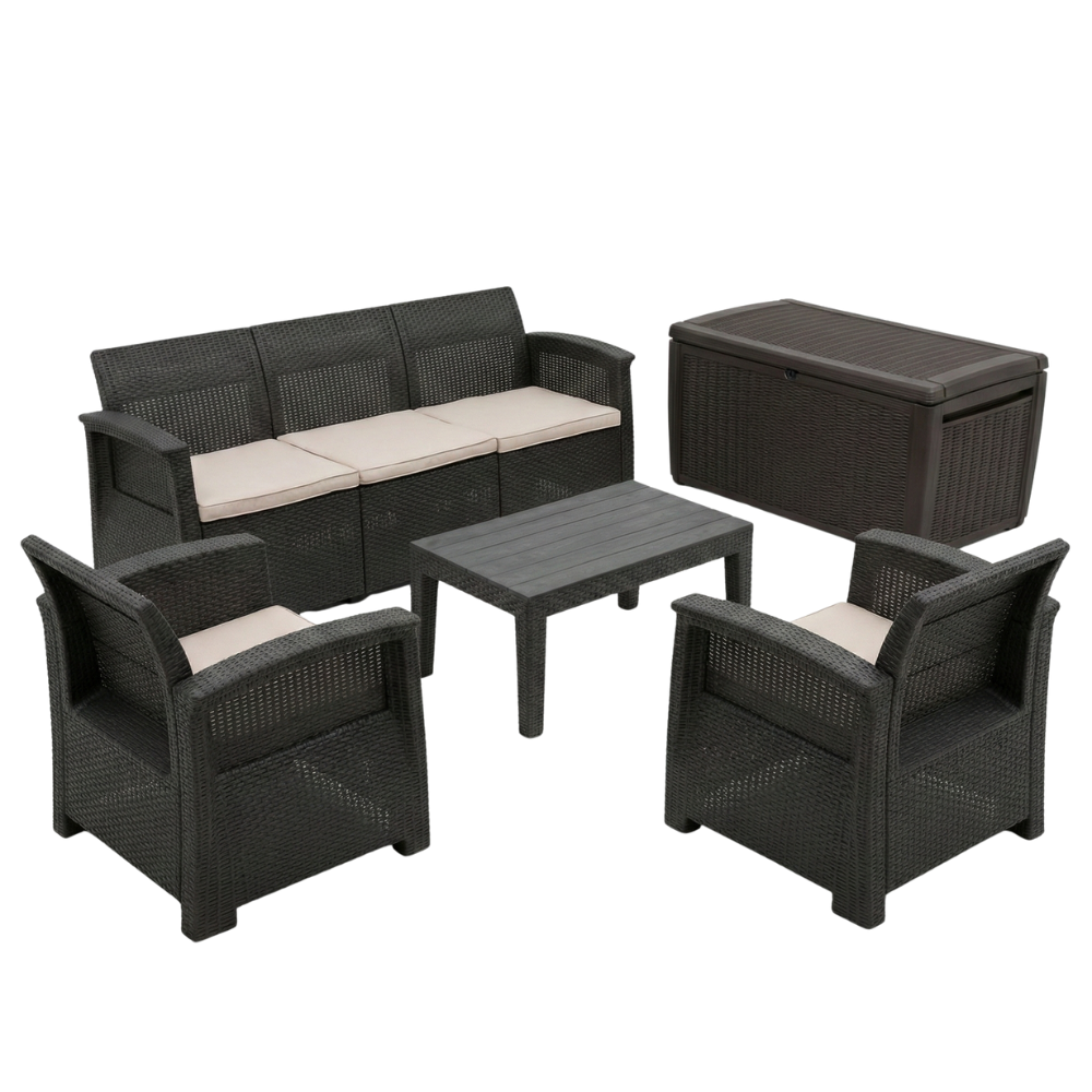 Conjunto Jogo Poltrona 5 Lugares Para Jardim Rattan Com Baú Organizador Syberflex
