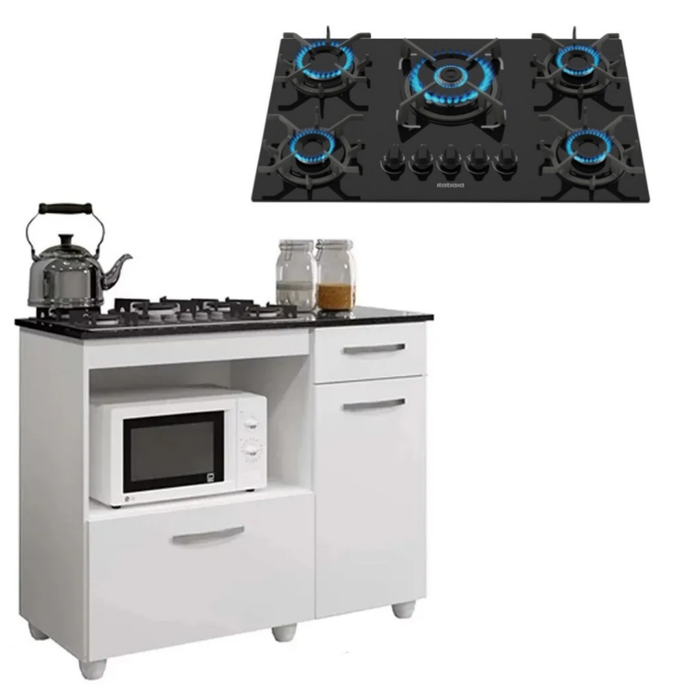 Kit Balcão Cooktop Violeta Branco Com Fogão 5 Bocas Itacook Itatiaia