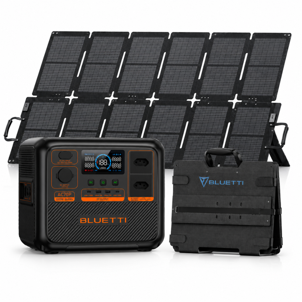 KIT ESTAÇÃO DE ENERGIA GERADOR SOLAR BLUETTI AC70P 127V 1000W 864Wh + PAINEL SOLAR PORTÁTIL 220W