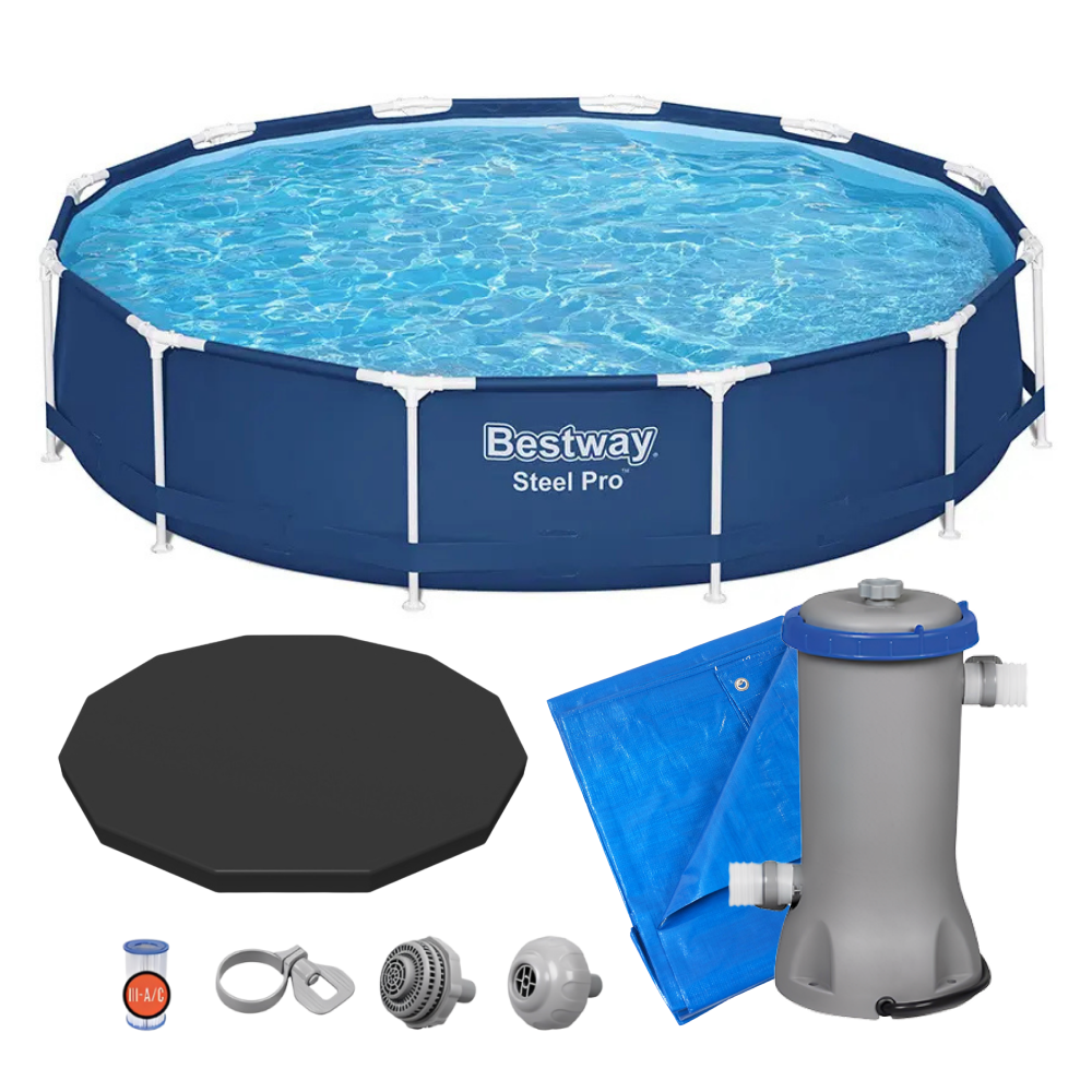 Piscina Grande Estruturada Bestway 6.473 Litros 3,66m Completo 4 em 1: Bomba Filtro + Capa + Forro