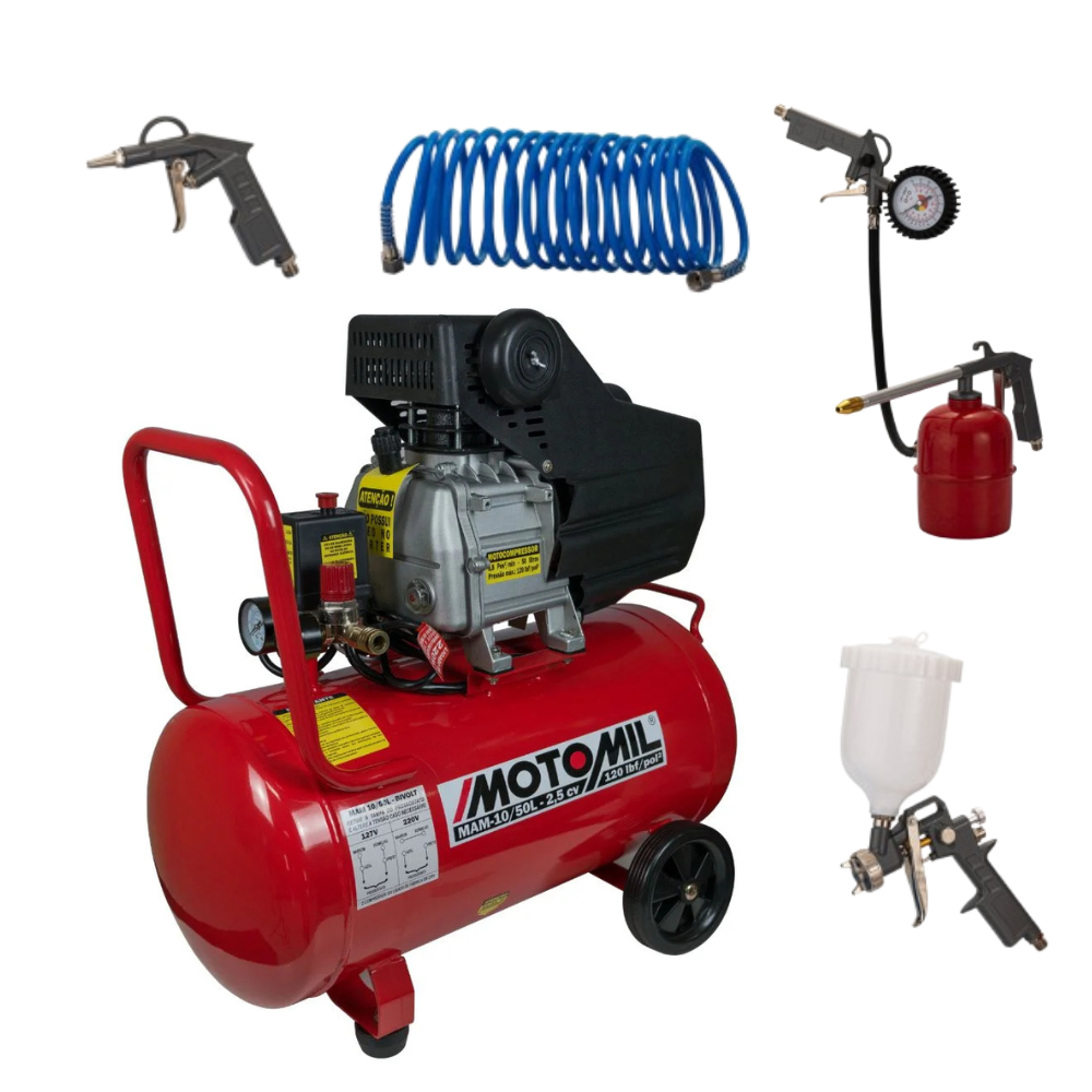 Compressor de Ar Portátil Motomil 8,8 Pés/min 2,5HP Bivolt 50L c/ Acessórios para Pintura e Inflagem