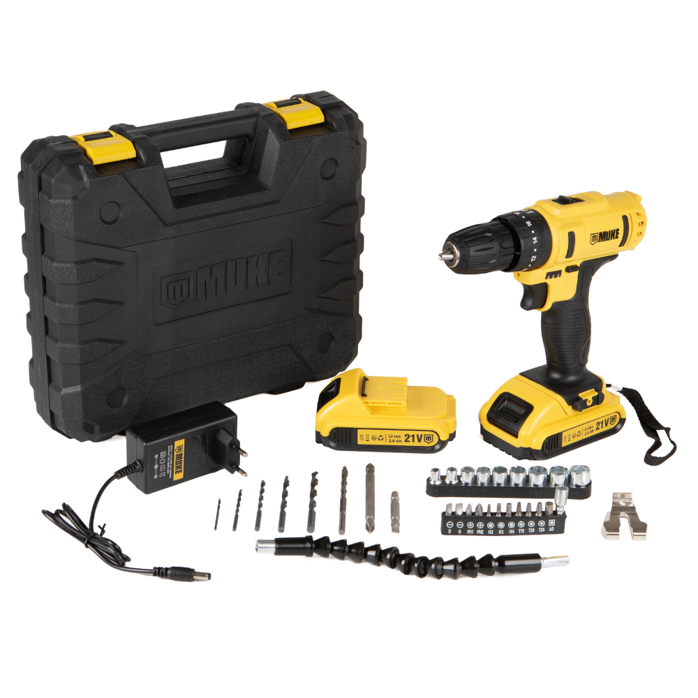 Parafusadeira Furadeira de Impacto a Bateria 21V Muke Tools com 2 Baterias, 30 Acessórios e Maleta