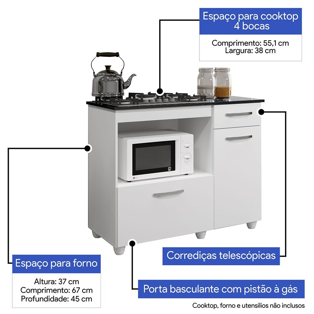 Balcão Cooktop Violeta Basculante P/ Fogão 4 Bocas Branco - Kaiki Móveis