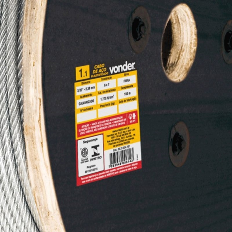 Cabo de Aço Af 1/8 Alma de Fibra 6x7 Galvanizado Plastificado com 100 Metros - Peça - Vonder