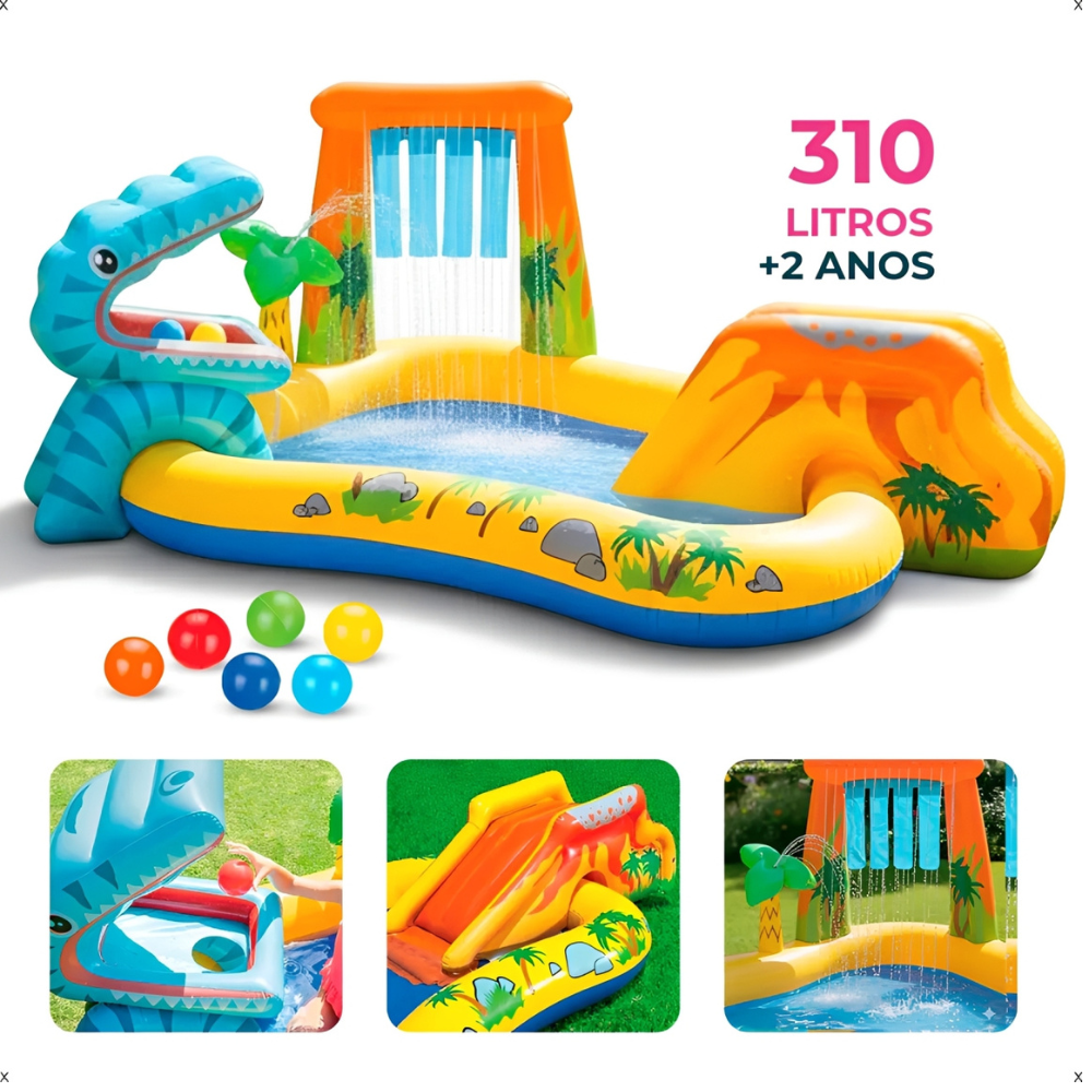 Kit Piscina Playground Dinossauro Intex 310 Litros com Bomba Manual e Forro de Proteção 3x2m