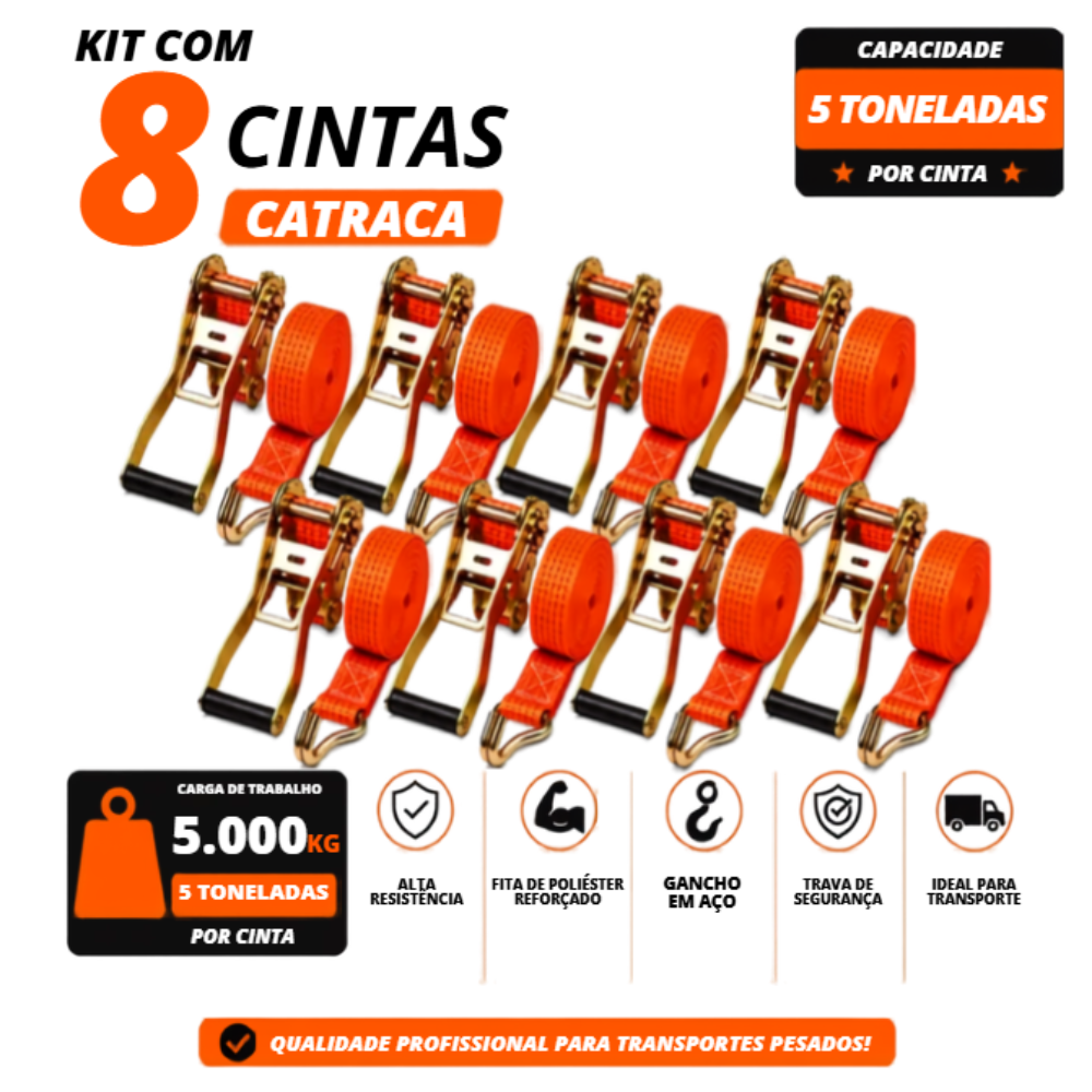 Kit 8 Cintas com Catraca para Amarração de Carga 5 Toneladas 9 Metros Muke Tools