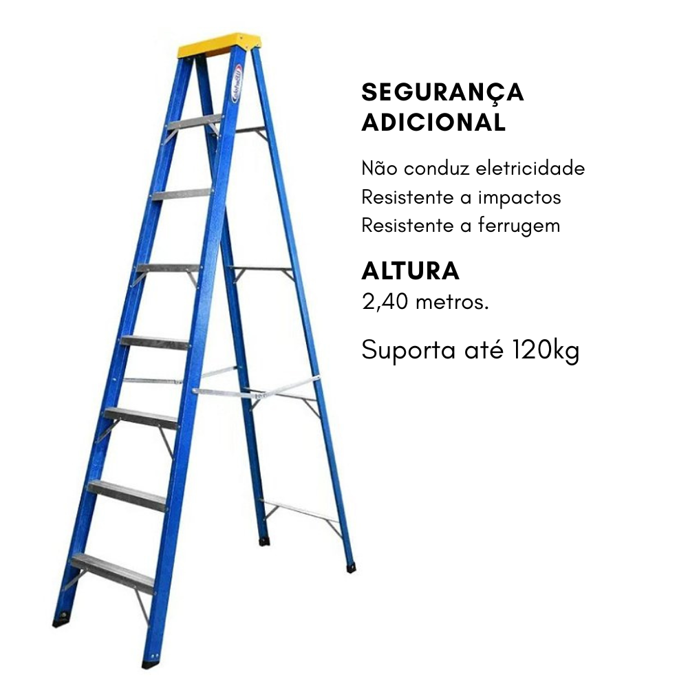 Escada de Fibra Alumínio Tesoura Simples Premium 2,40m 8 Degraus 120kg W.Bertolo