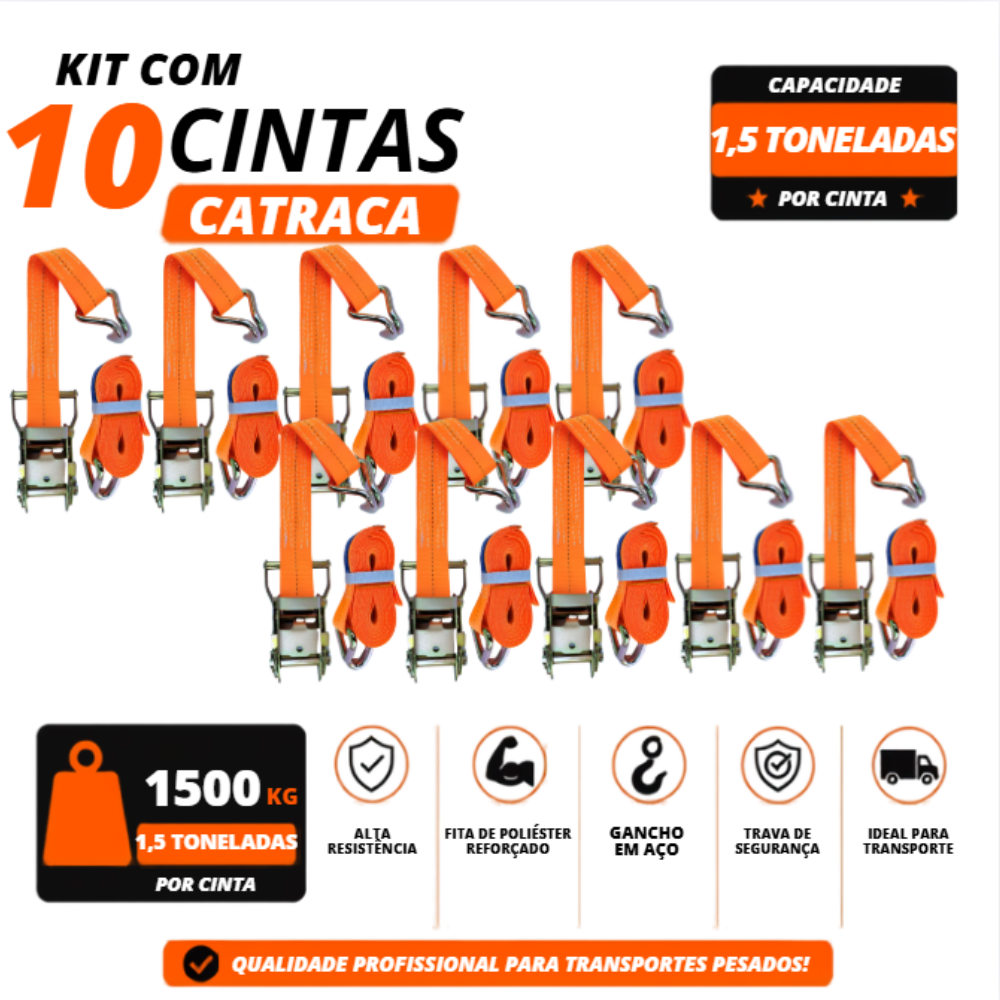 KIT 10 CINTAS COM CATRACA 1,5 TONELADA 9 METROS Poliéster MUKE TOOLS