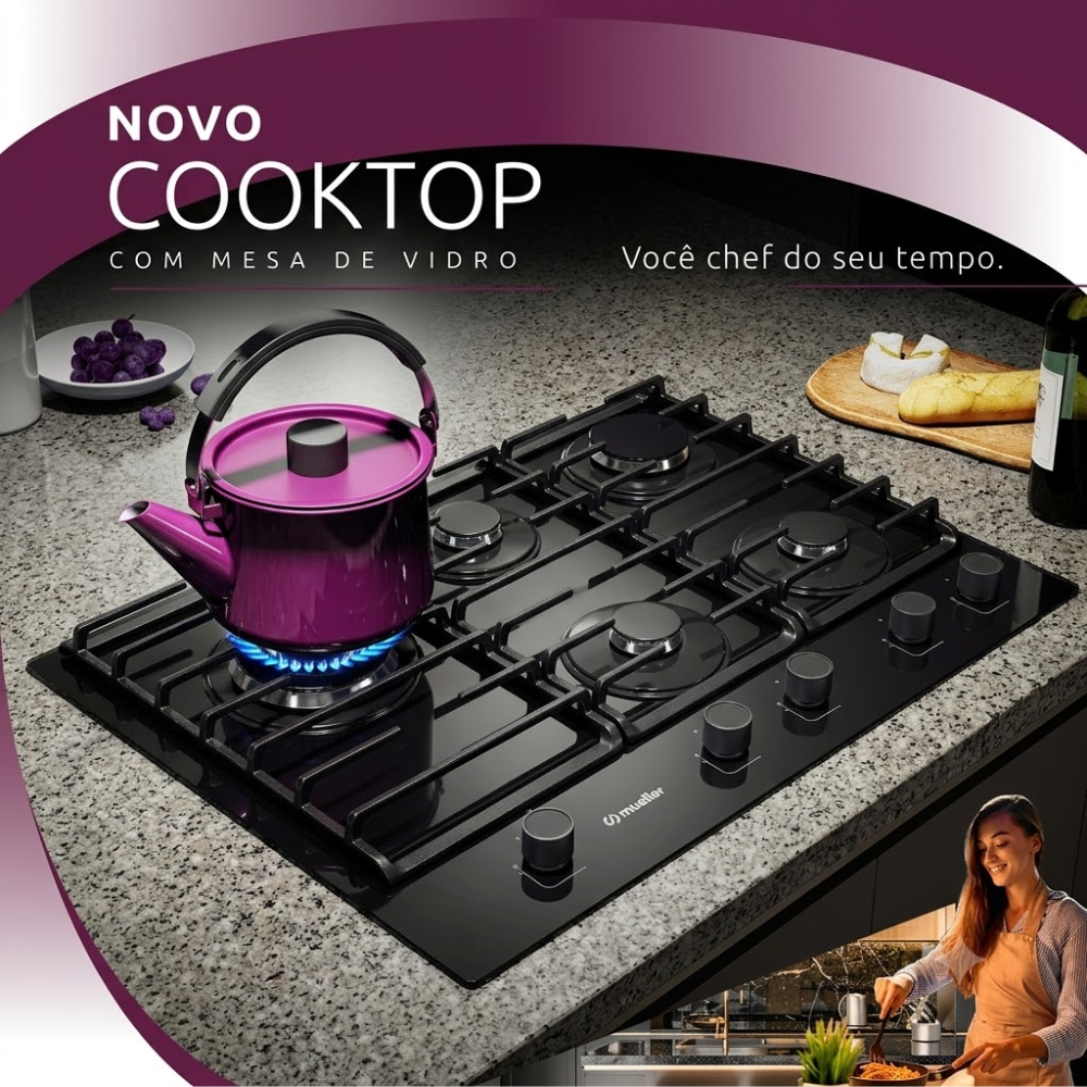 Cooktop Mueller 5 Bocas Vidro Tripla Chama MCG5BM Bivolt