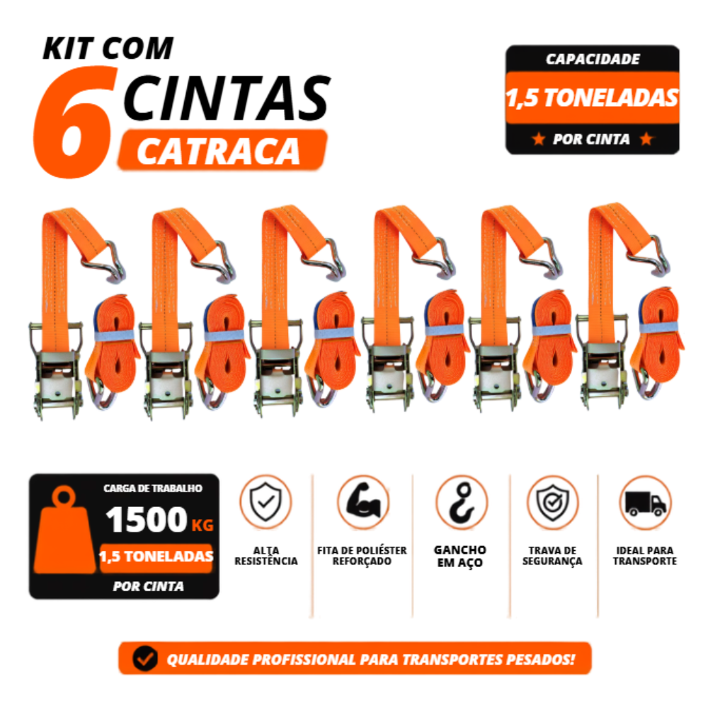 Kit 6 Cintas com Catraca para Amarração de Carga 1,5 Tonelada 9 Metros Muke Tools