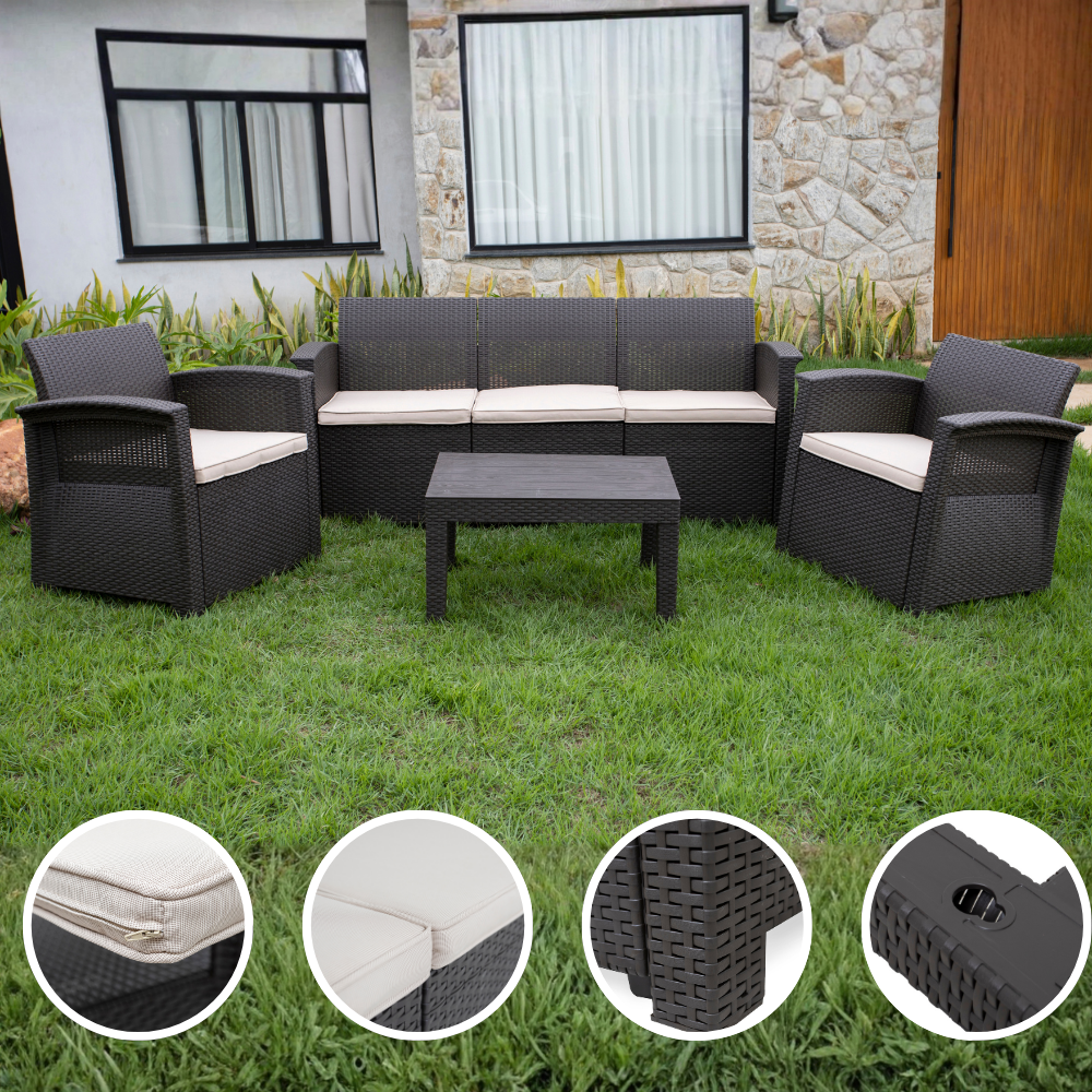 Conjunto de Sofá Jardim Rattan 5 Lugares SyberFlex Confort com Mesa e Almofadas