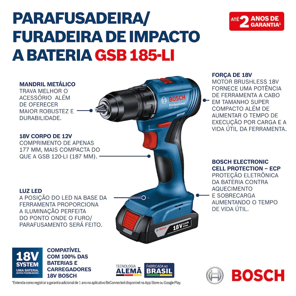 Combo Bosch Furadeira de Impacto GSB 185-LI com Chave de Impacto GDR 18V-200 e 2 Baterias
