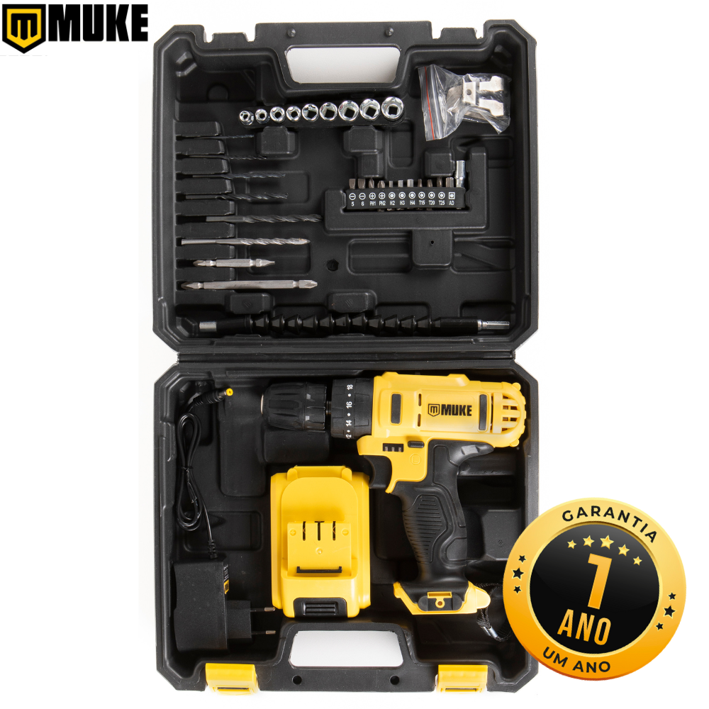 Parafusadeira e Furadeira de Impacto a Bateria 12V 3/8 10MM Muke Tools com 30 Acessórios e Maleta