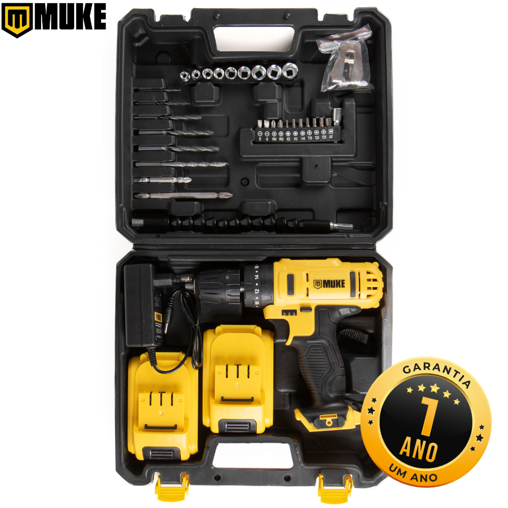 Parafusadeira Furadeira de Impacto a Bateria 21V Muke Tools com 2 Baterias, 30 Acessórios e Maleta