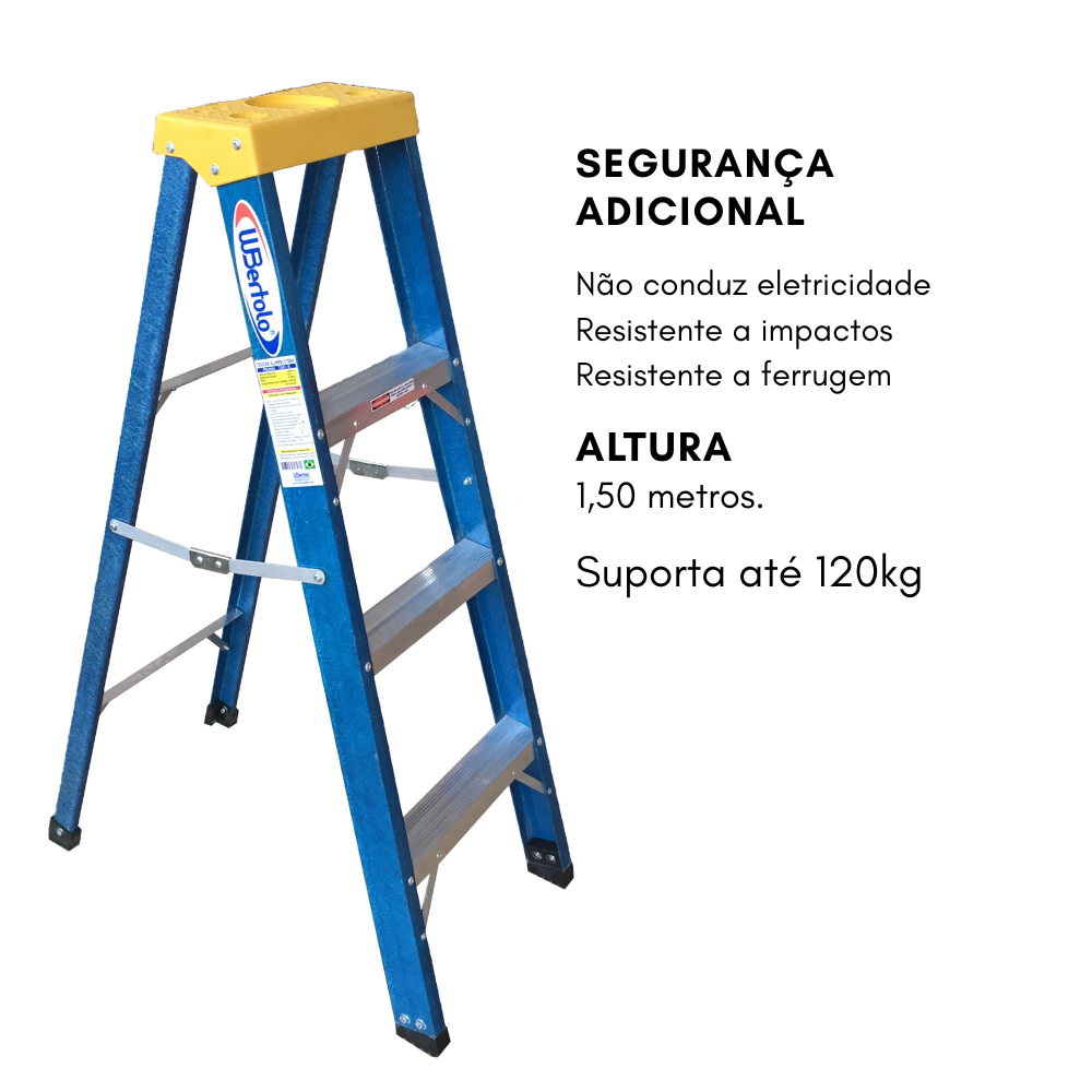 Escada de Fibra e Alumínio Tesoura Simples Premium 1,50m 5 Degraus 120kg W.Bertolo