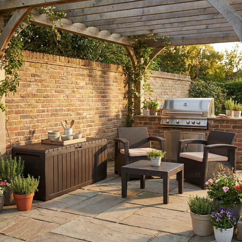 Conjunto Jogo Poltrona 2 Lugares Para Jardim Rattan Com Baú Organizador Syberflex