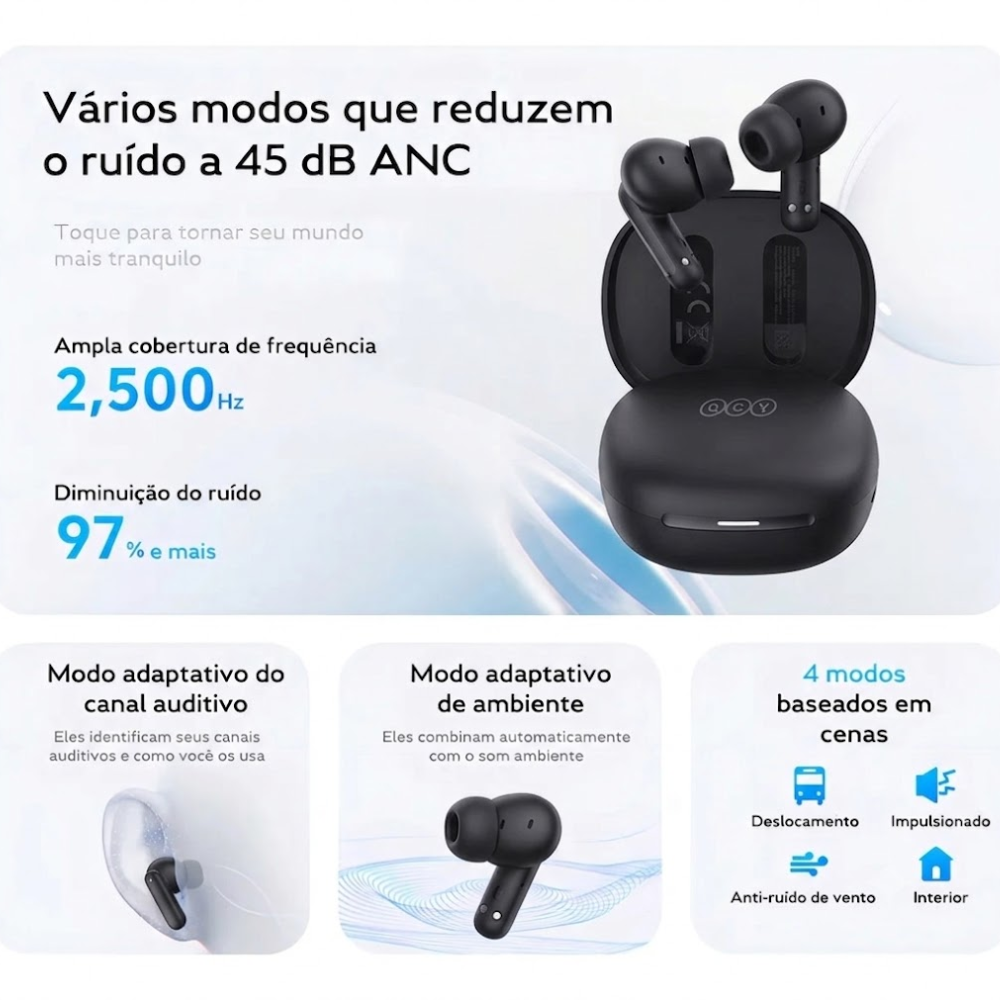 Fone de Ouvido Bluetooth QCY MeloBuds N30 ANC 45dB BH24HT16A 28h