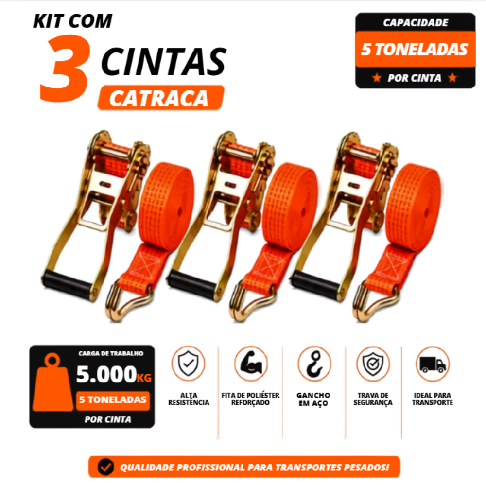 Kit 3 Cintas com Catraca para Amarração de Carga 5 Toneladas 9 Metros Muke Tools