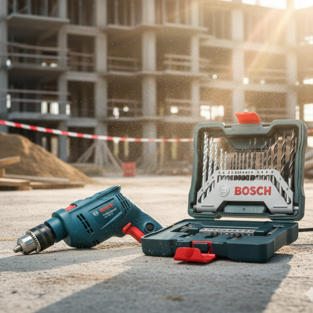 Kit Furadeira de Impacto Bosch GSB 550RE 550W com Jogo de Brocas e Bits X-Line 33 Peças com Maleta